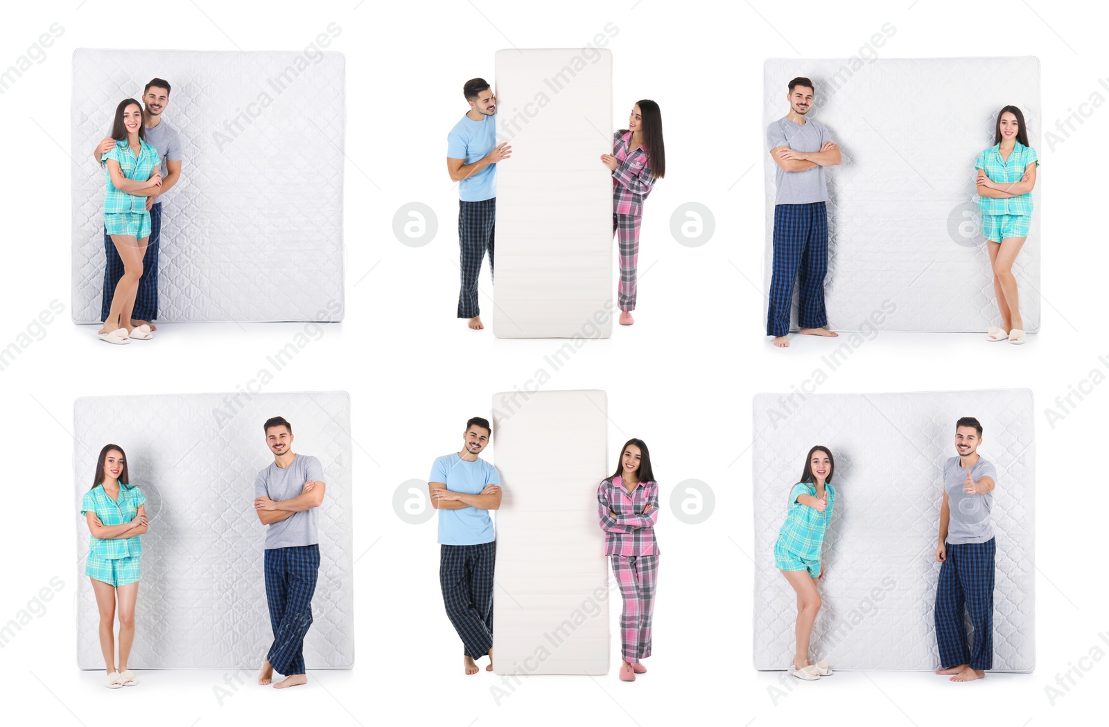 Image of Collage with photos of young couple and mattresses on white background