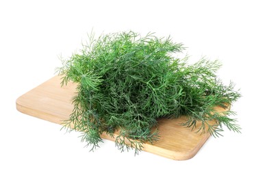 Photo of Wooden board with fresh dill isolated on white