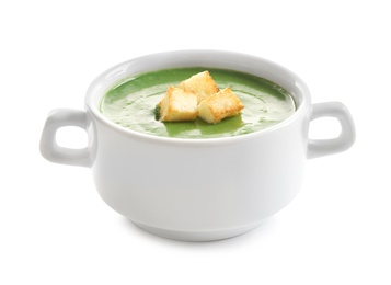 Photo of Fresh vegetable detox soup with croutons in dish on white background