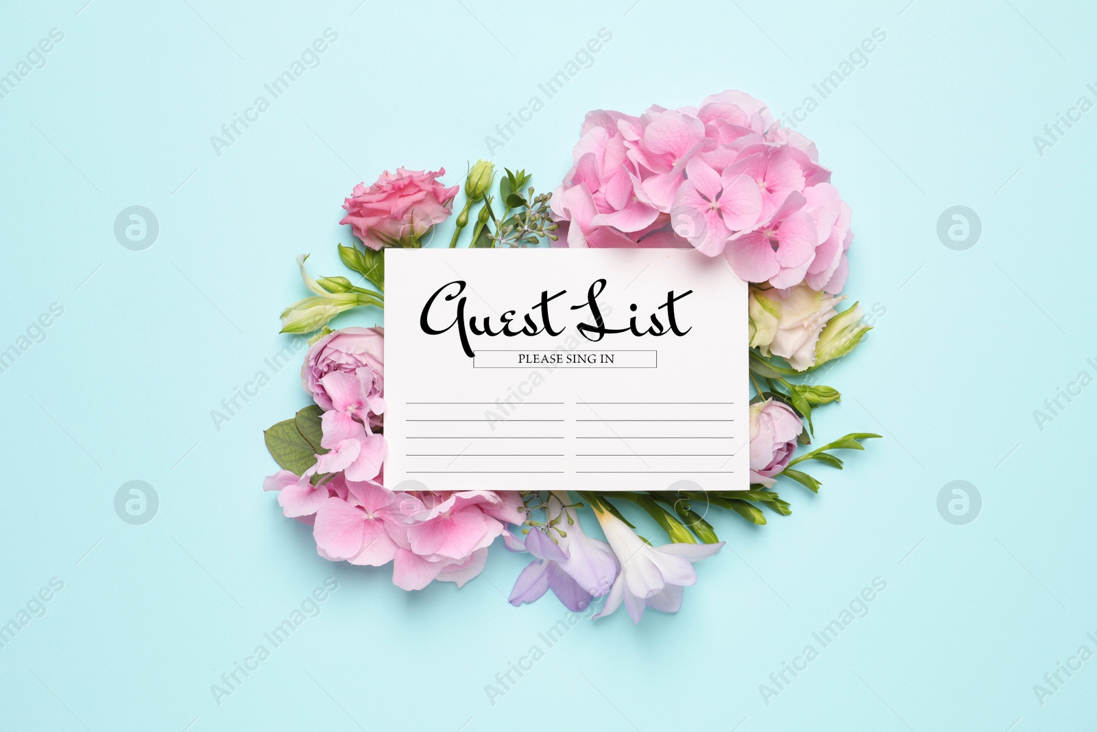 Image of Beautiful flowers and guest list on light blue background, flat lay