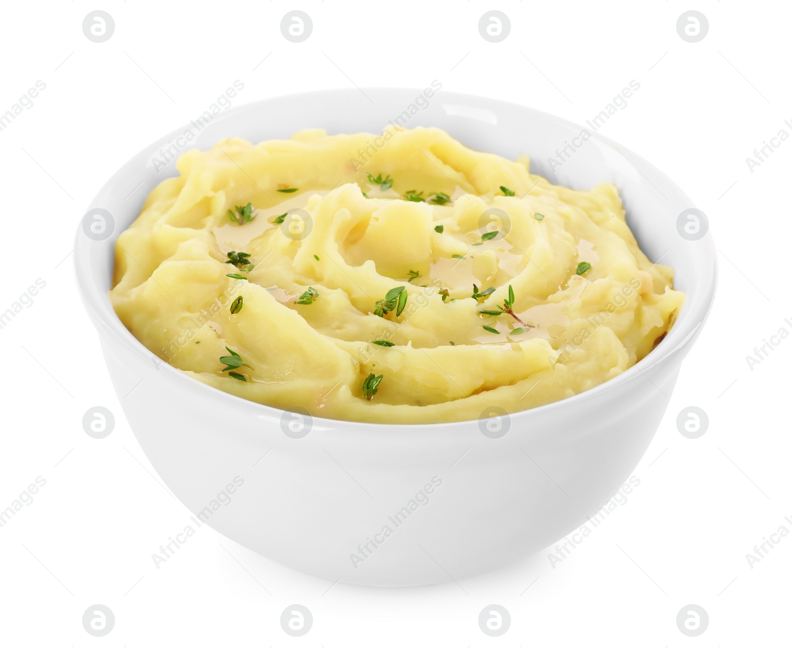 Photo of Bowl of tasty mashed potato with rosemary isolated on white