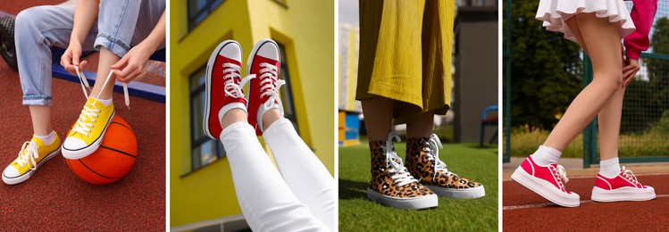 Photos of women in stylish sneakers outdoors, collage design