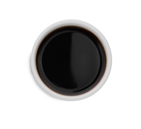 Tasty soy sauce in bowl isolated on white, top view