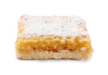 Photo of Tasty lemon bar with powdered sugar isolated on white