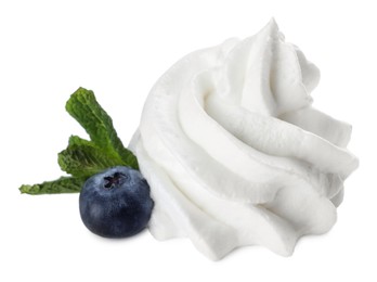 Photo of Delicious fresh whipped cream with blueberry and mint isolated on white