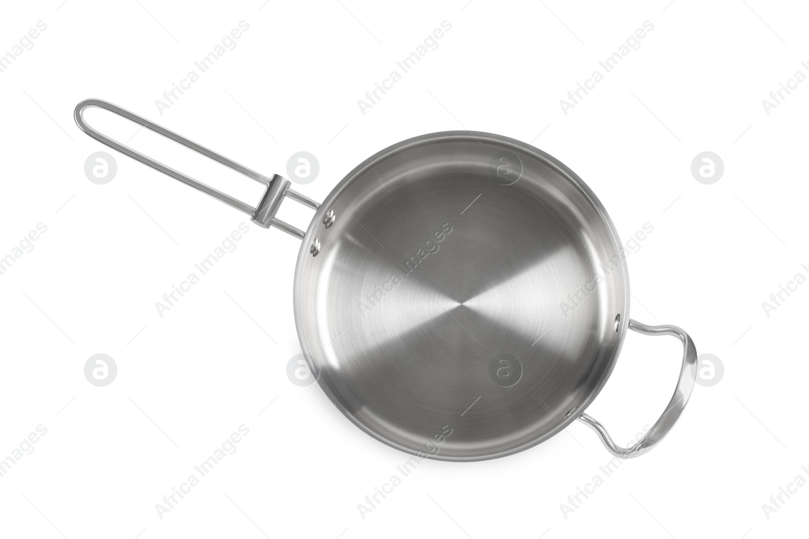 Photo of New shiny saucepan isolated on white, top view