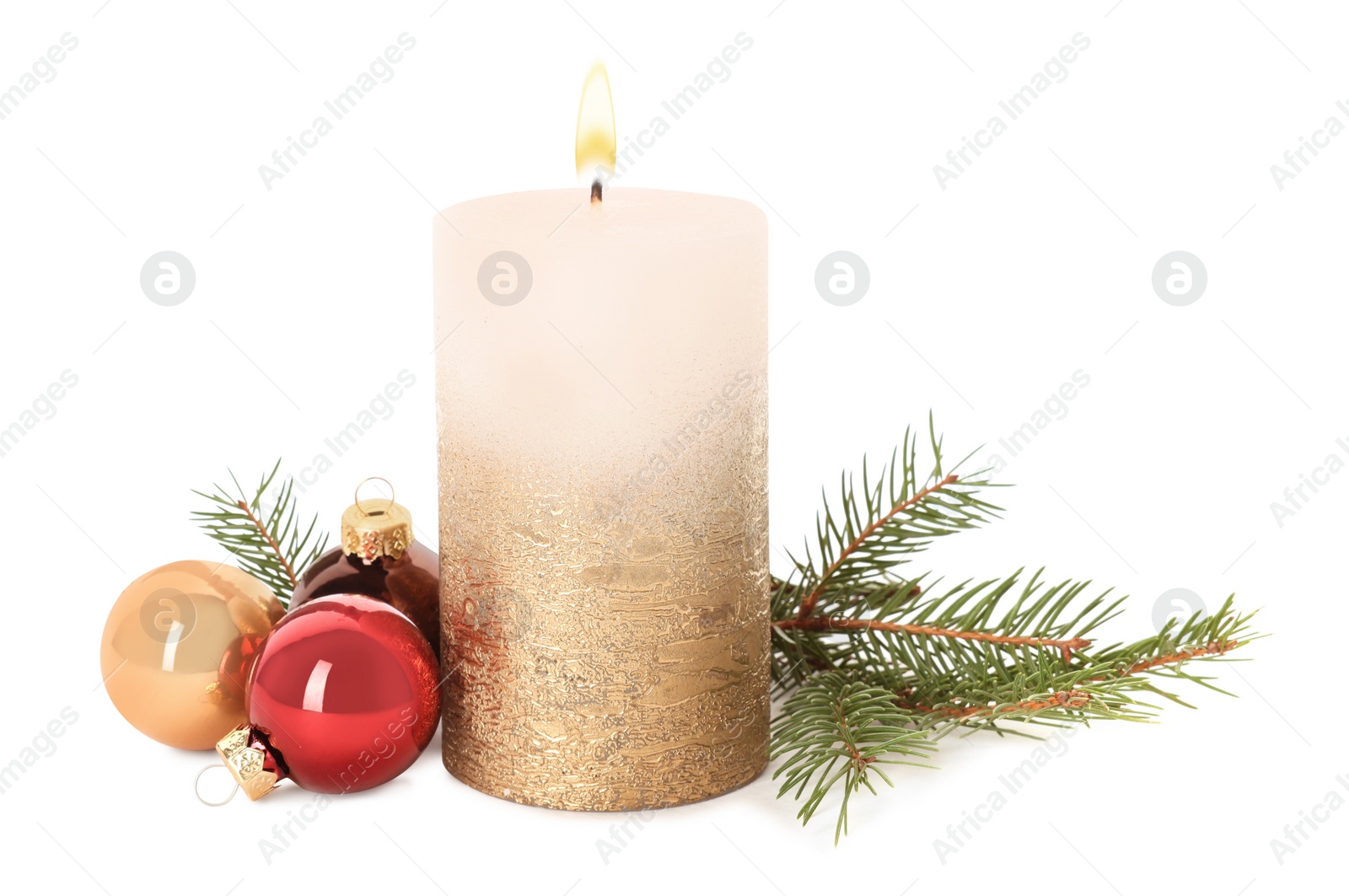 Photo of Beautiful candle with Christmas decor on white background