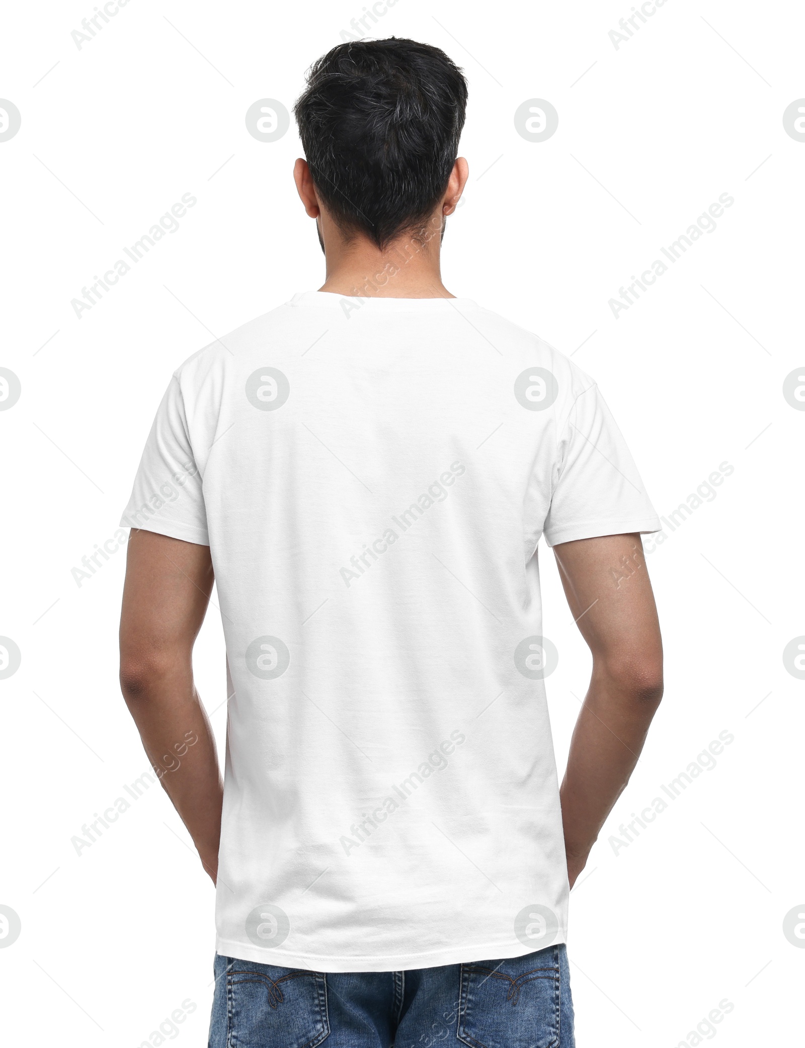 Photo of Man in t-shirt on white background, back view