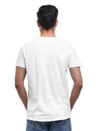 Man in t-shirt on white background, back view