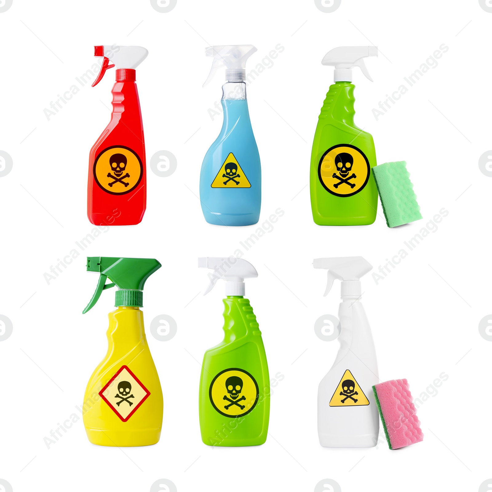 Image of Set with different toxic household chemicals with warning signs on white background