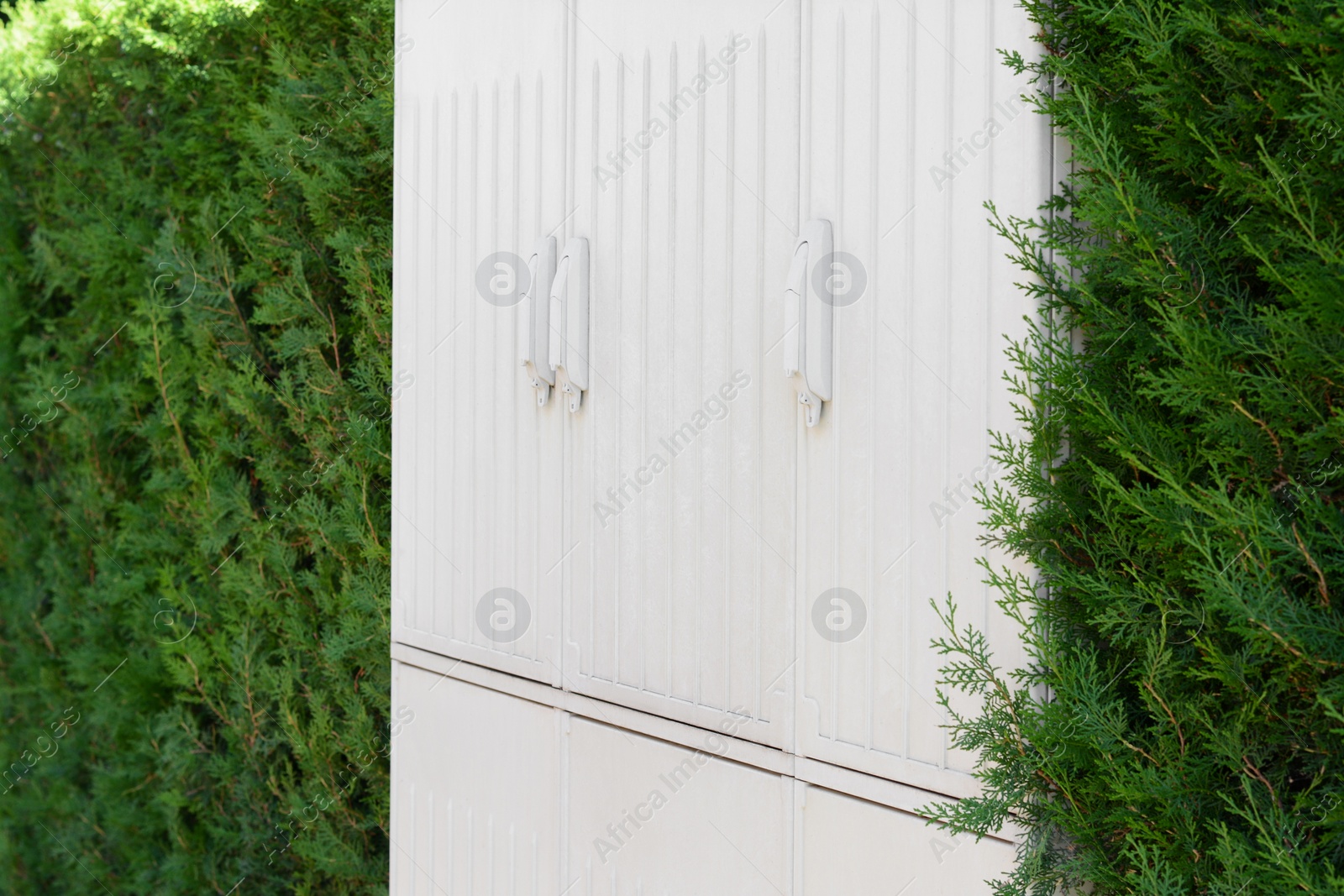 Photo of Electrical power panel near green hedge outdoors