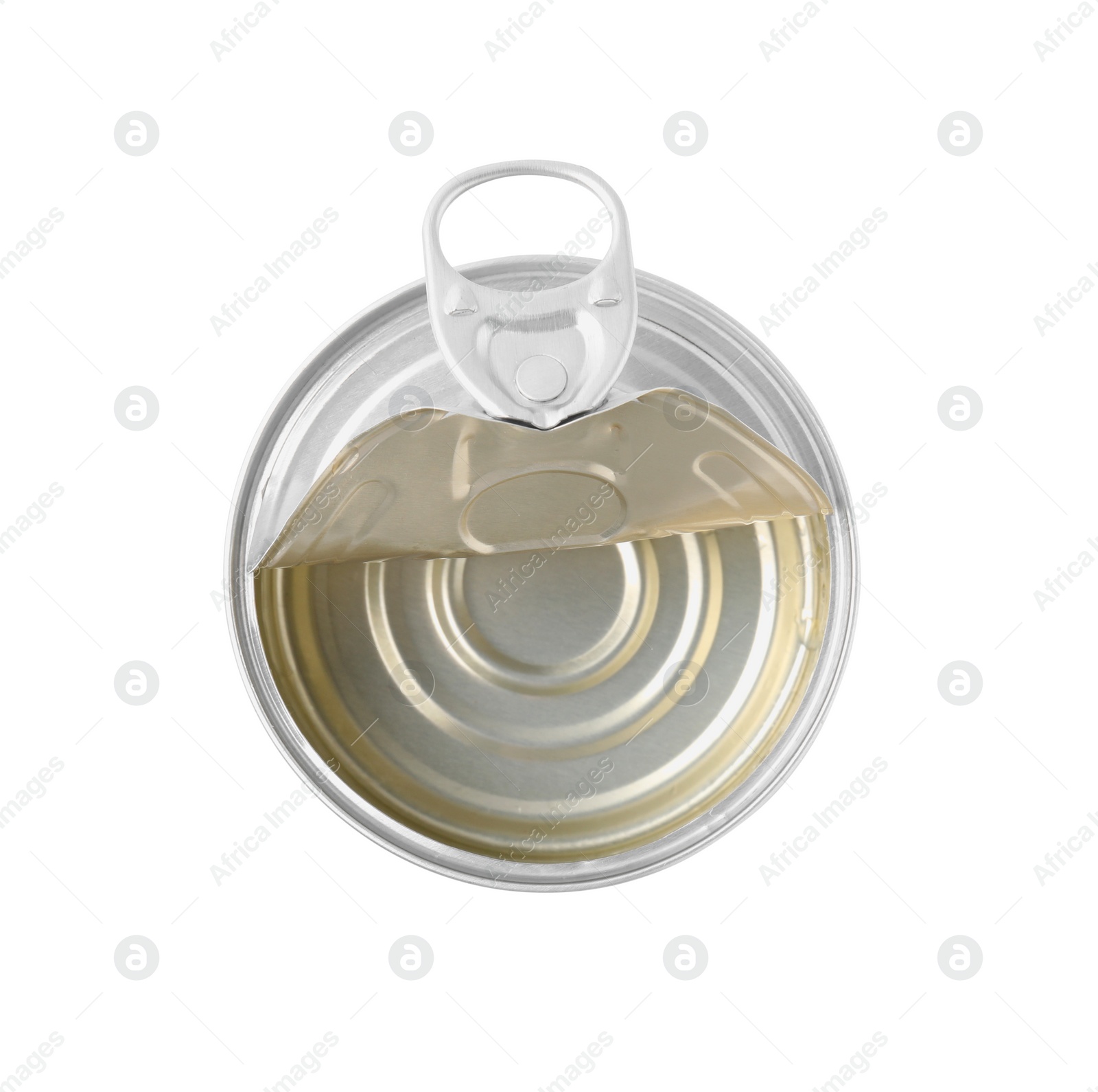 Photo of One open tin can isolated on white, top view