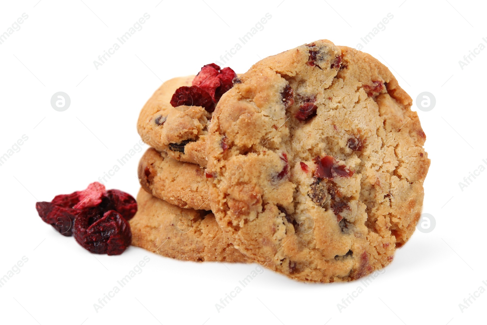Cookies and freeze dried fruits isolated on white Photo of Cookies and freeze dried fruits isolated on white