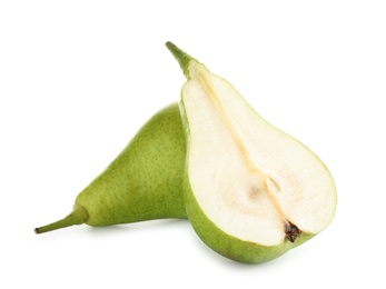 Photo of Whole and sliced pears on white background