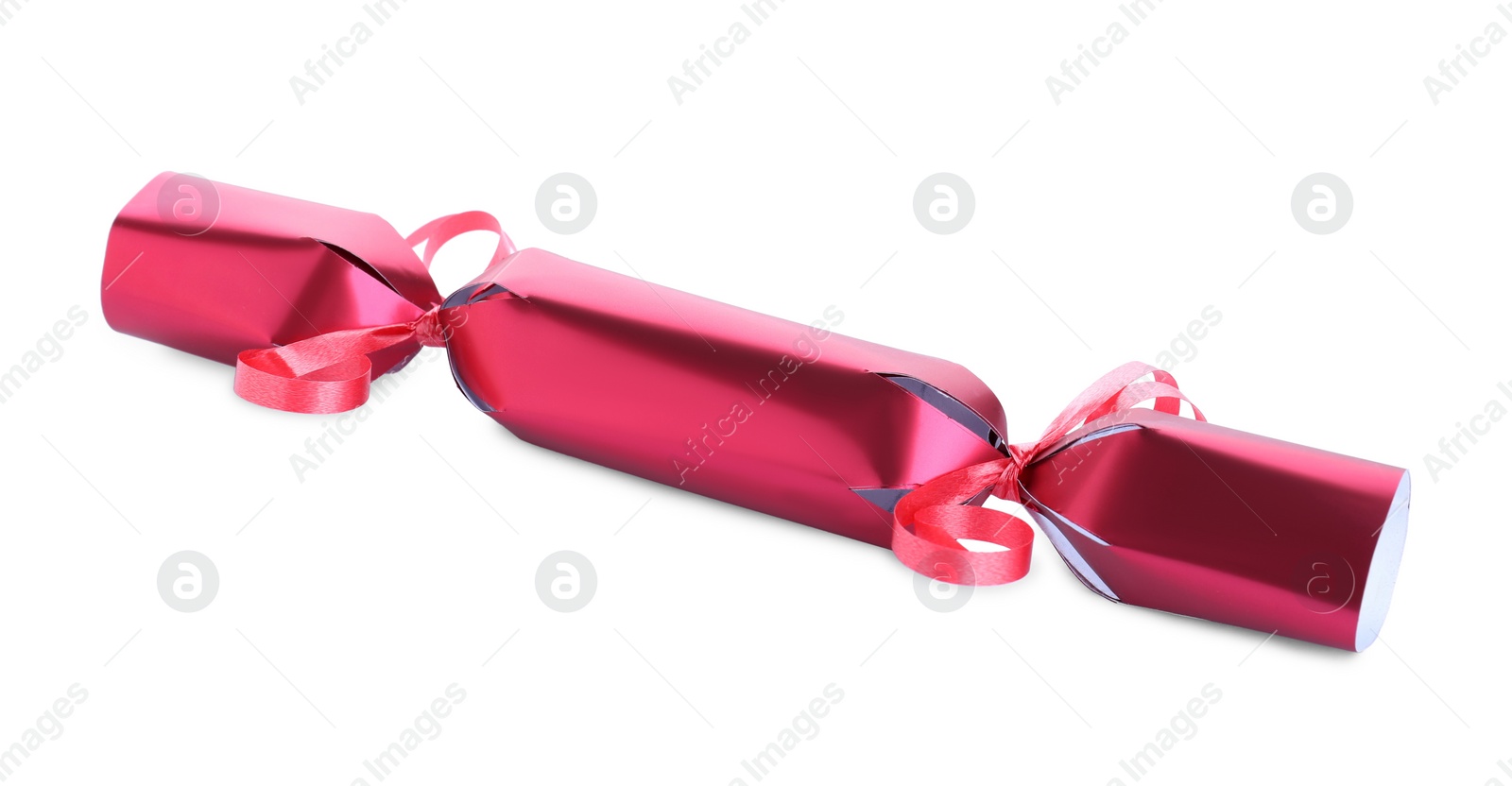 Photo of Bright red Christmas cracker isolated on white