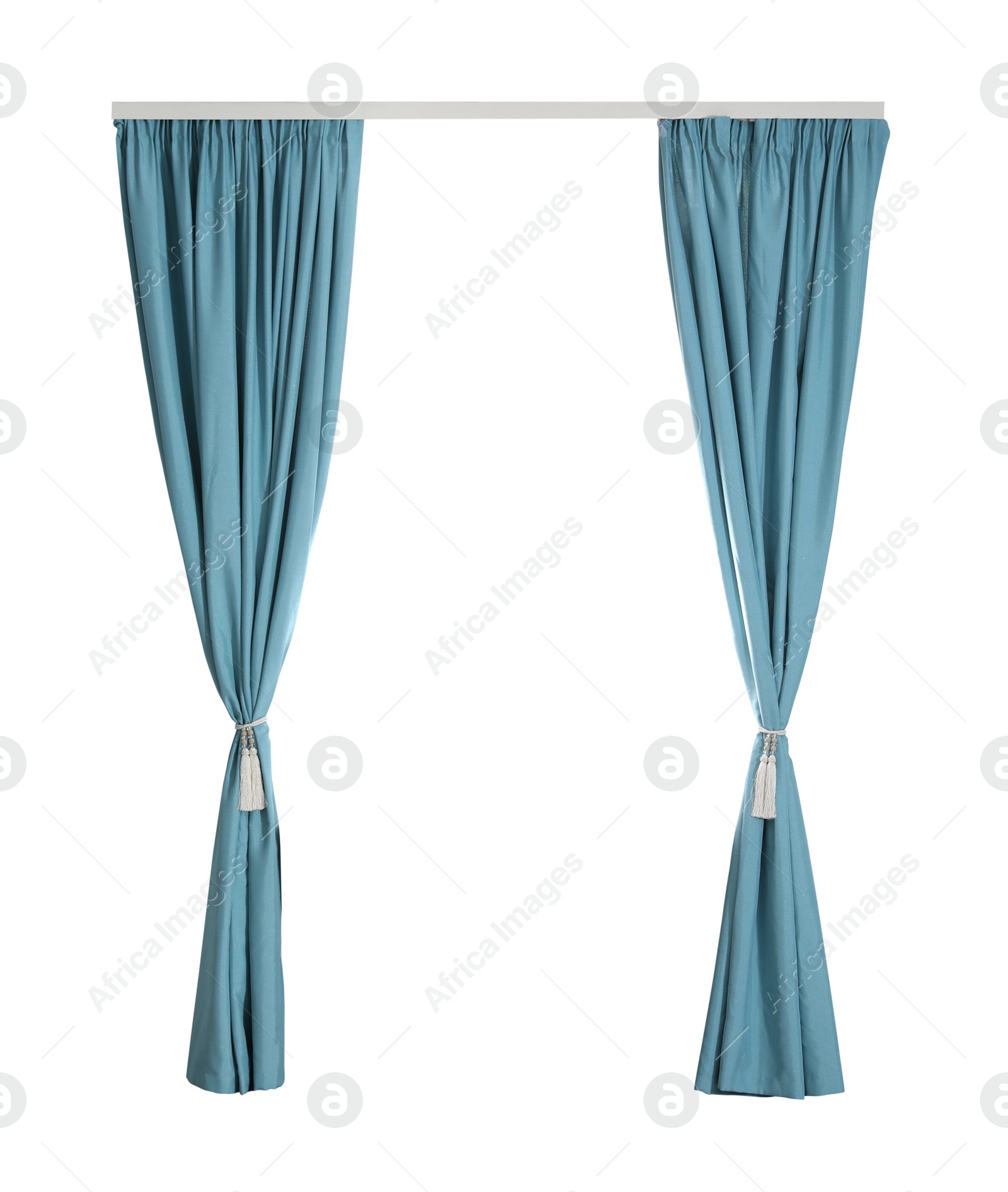 Image of Beautiful elegant blue curtains on white background