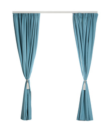 Image of Beautiful elegant blue curtains on white background