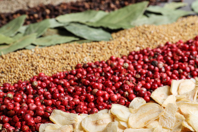 Many different spices as background, closeup view