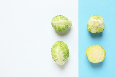 Fresh Brussels sprouts on color background, flat lay. Space for text