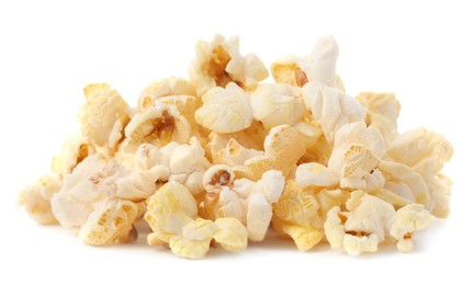 Photo of Fresh popcorn isolated on white. Tasty snack