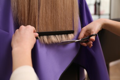 Stylist cutting hair of client in professional salon, closeup