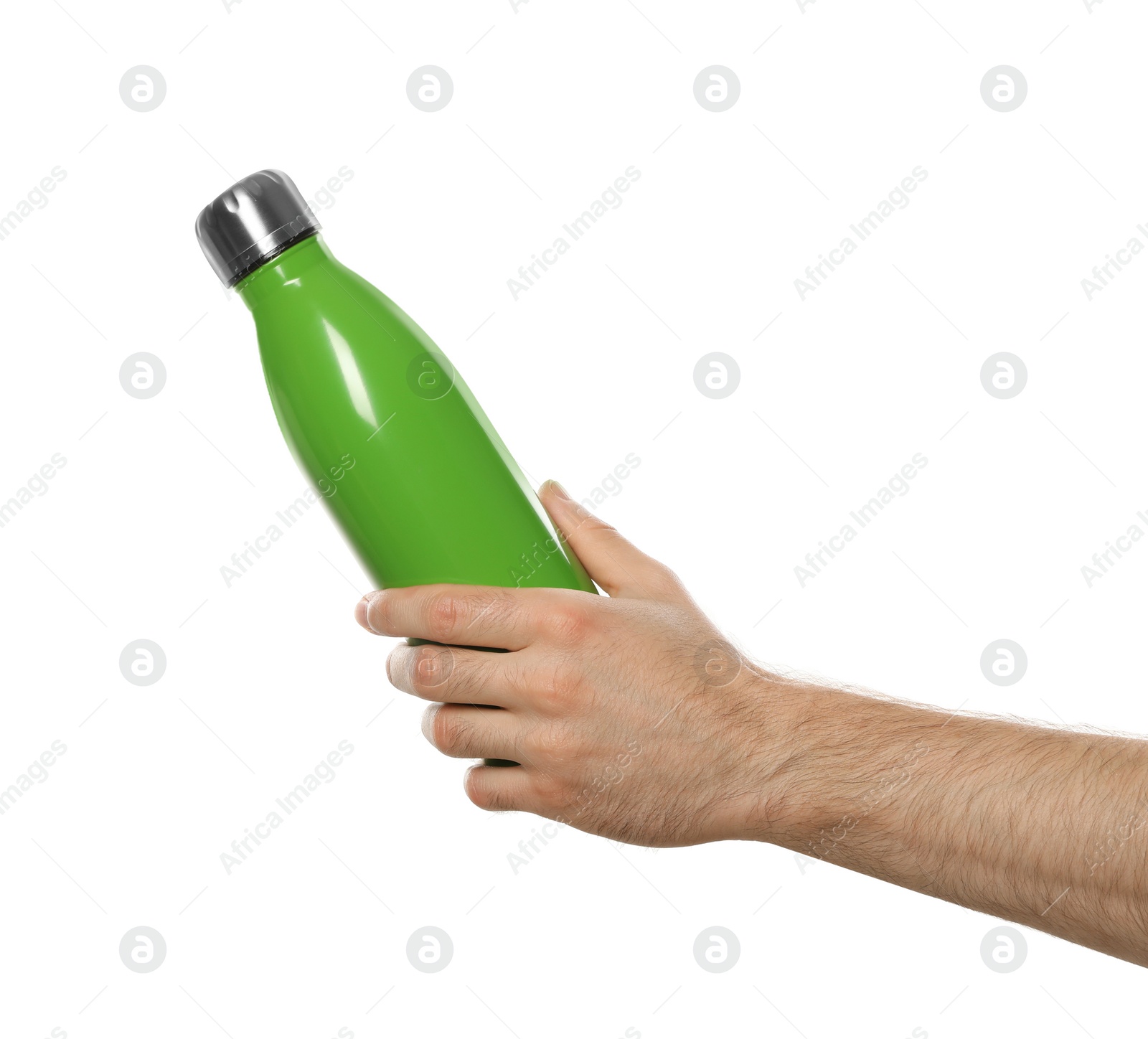 Photo of Man holding green thermos bottle on white background, closeup