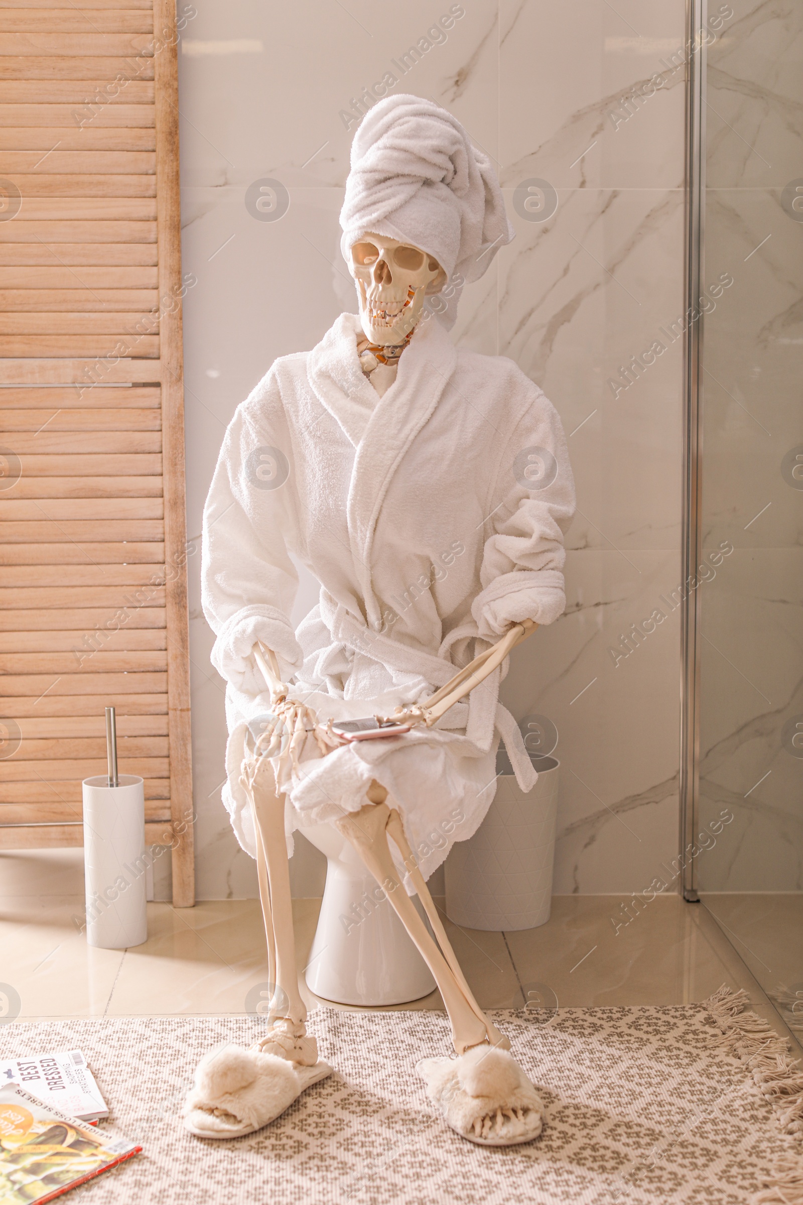 Photo of Skeleton in bathrobe with mobile phone sitting on toilet bowl