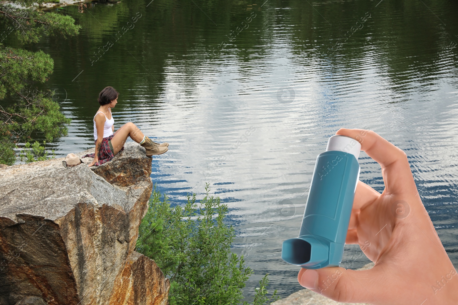 Image of Man with asthma inhaler near lake, closeup. Emergency first aid during outdoor recreation