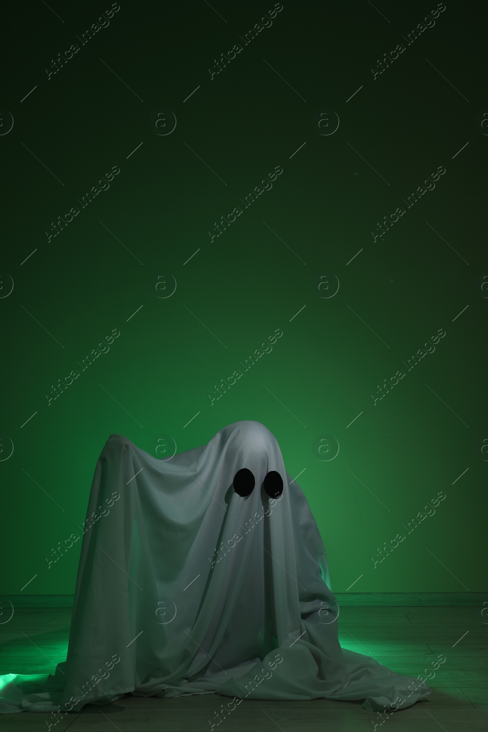 Photo of Creepy ghost. Woman covered with sheet in green light, space for text