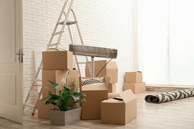 Photo of Cardboard boxes, ladder and houseplant in empty room. Moving day