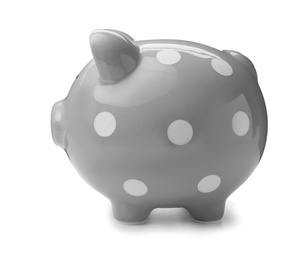 Photo of Gray piggy bank on white background. Money saving