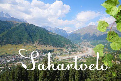 Word Sakartvelo as native name of Georgia against beautiful mountain landscape