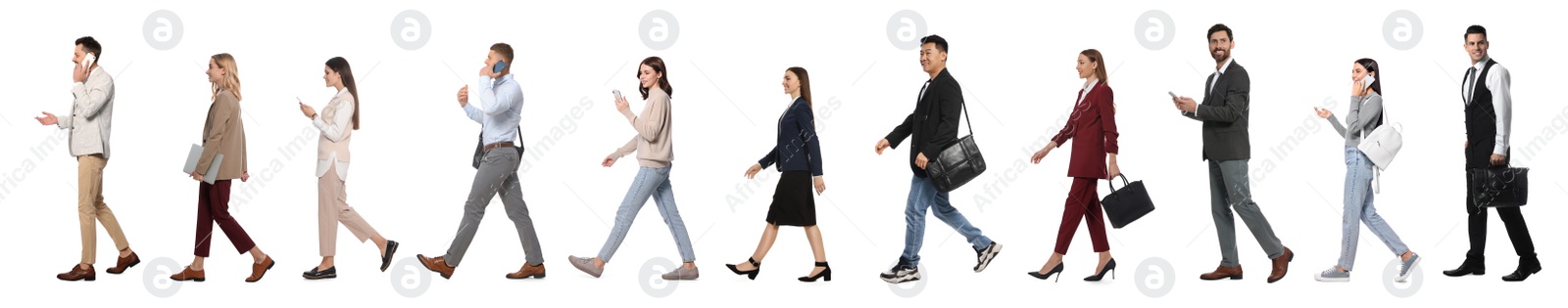 Image of Collage with photos of people wearing stylish outfit walking on white background. Banner design