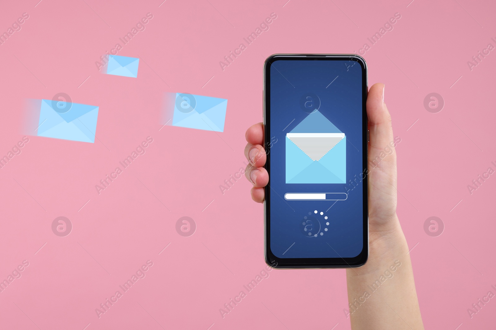 Image of Got new message. Woman holding smartphone on pink background, closeup
