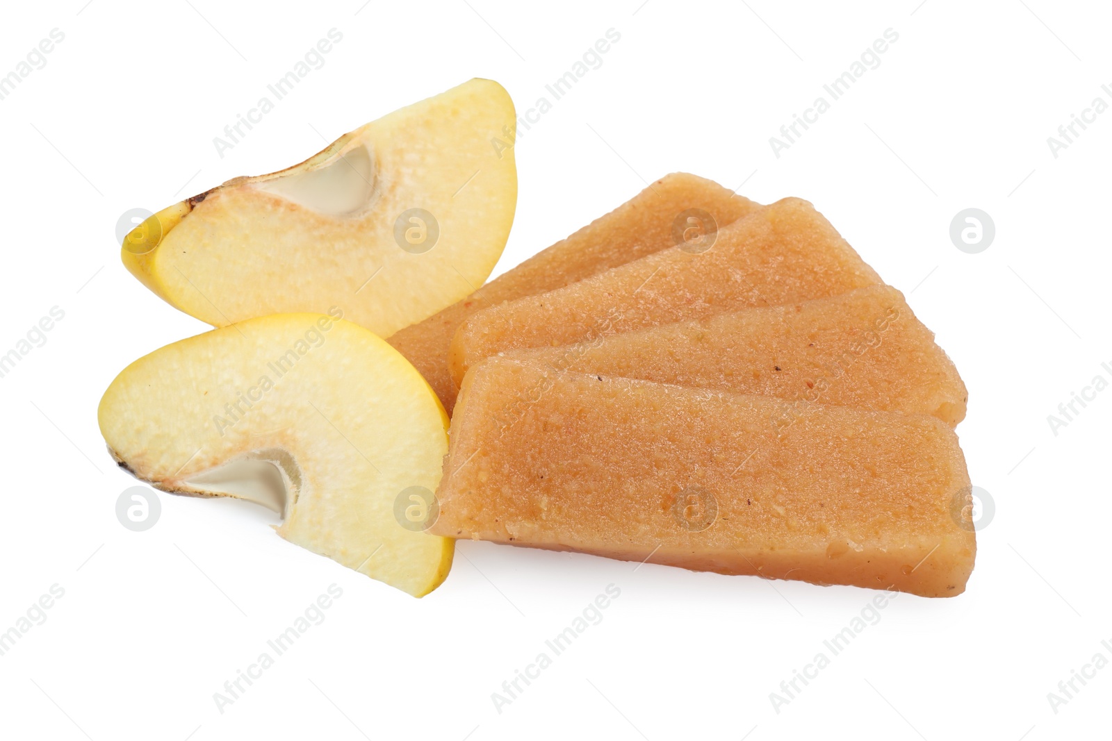 Photo of Delicious sweet quince paste and fresh fruit isolated on white