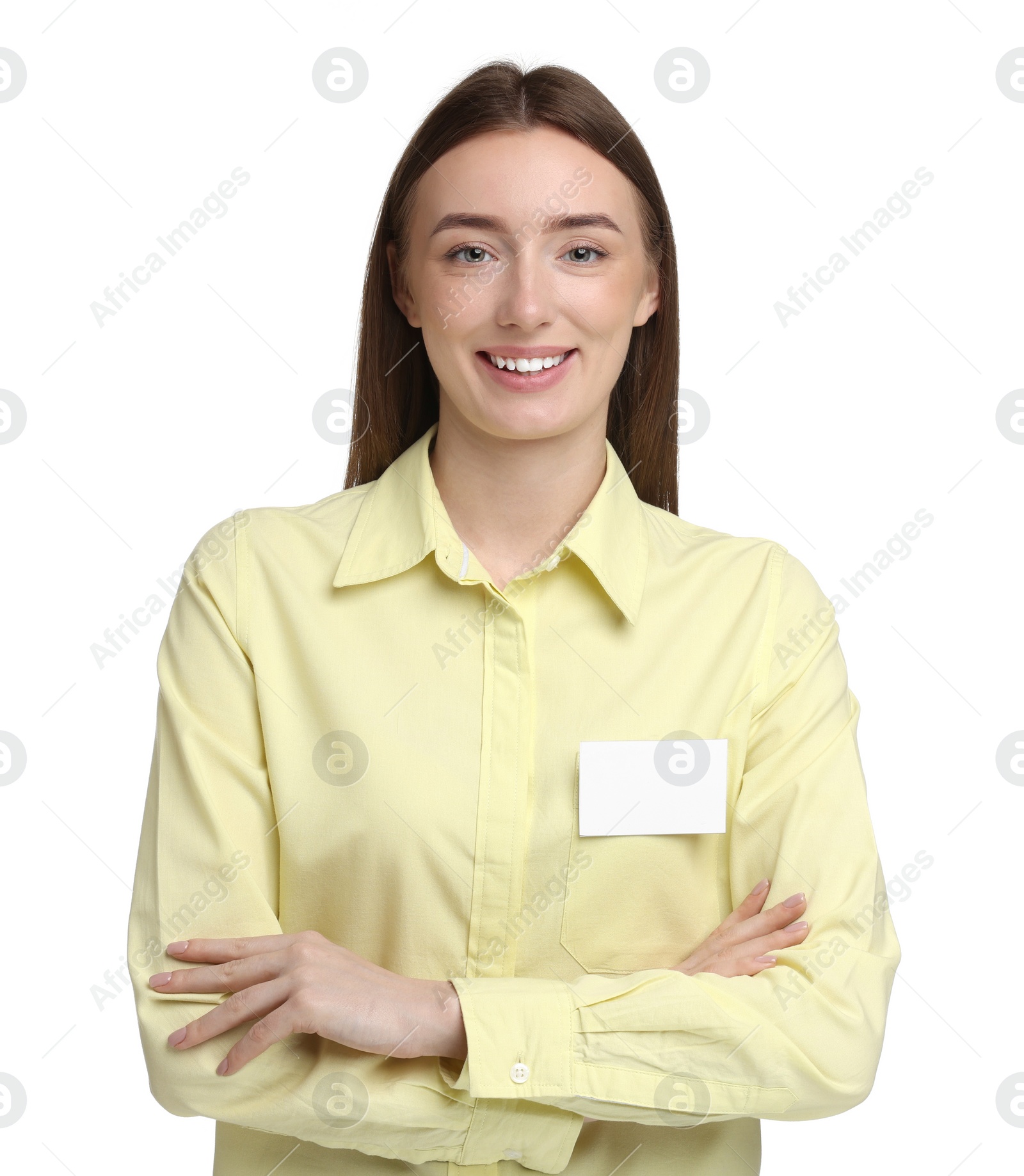 Photo of Woman with blank badge on white background