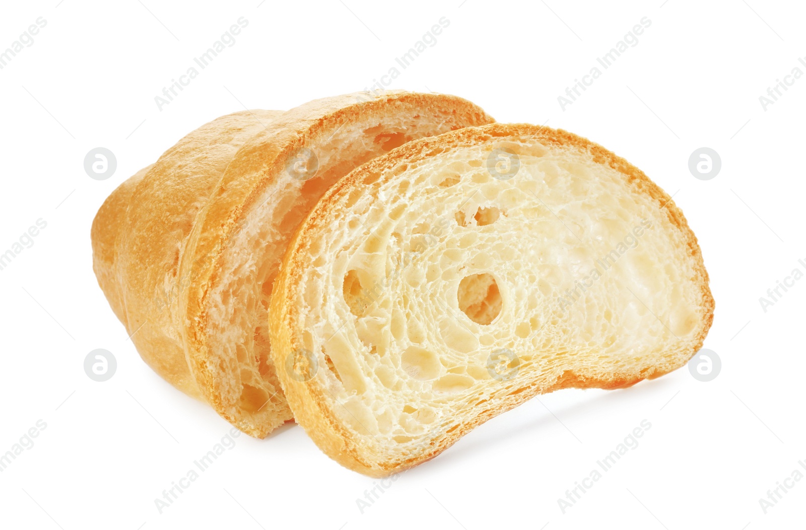 Photo of Delicious cut croissant isolated on white. Freshly baked pastry