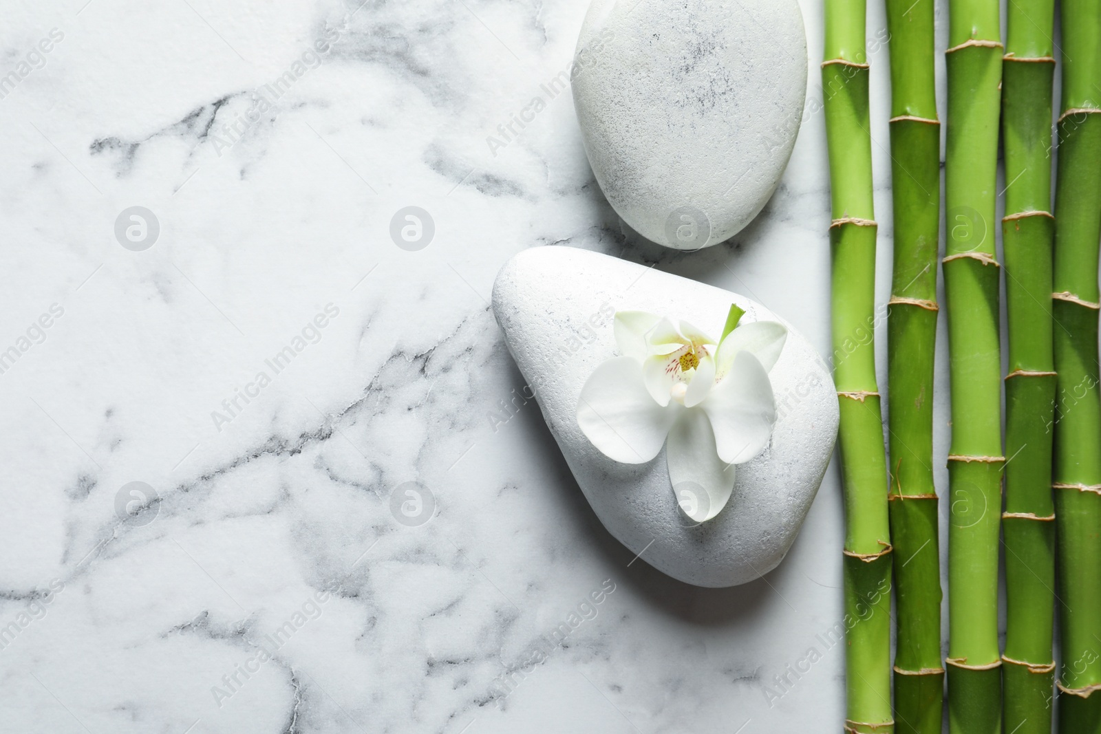 Photo of Flat lay composition with green bamboo stems on marble background. Space for text