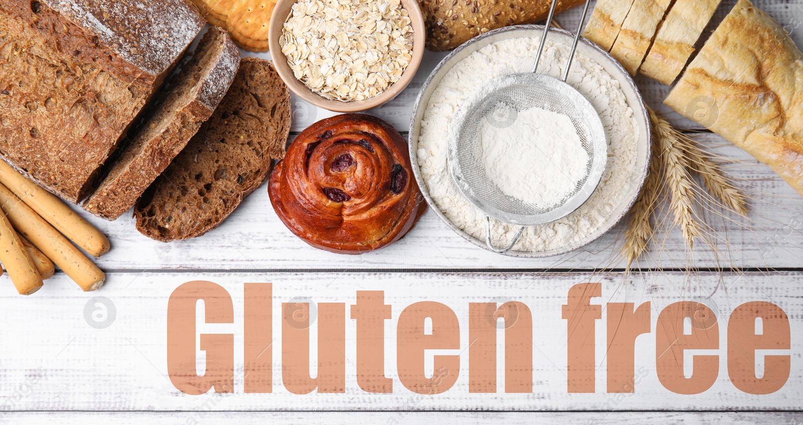 Image of Different baked gluten free products and text on white wooden table, top view