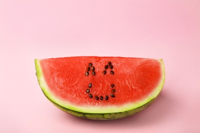 Photo of Watermelon with funny smiling face on color background