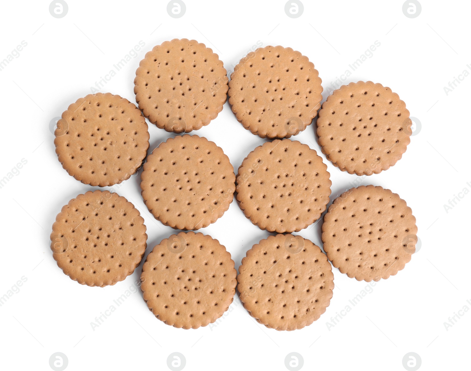 Photo of Tasty chocolate sandwich cookies on white background, top view