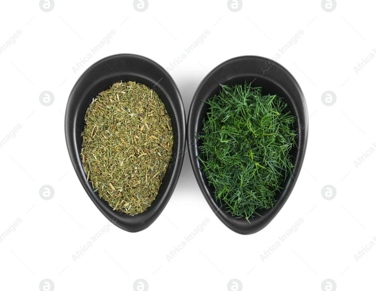 Photo of Bowls with aromatic dry and fresh dill on white background, top view