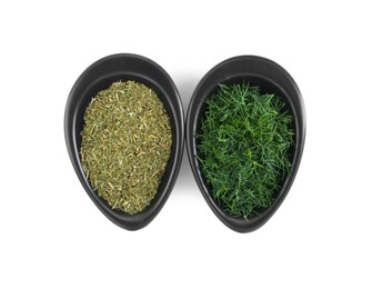 Bowls with aromatic dry and fresh dill on white background, top view