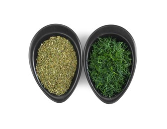 Photo of Bowls with aromatic dry and fresh dill on white background, top view