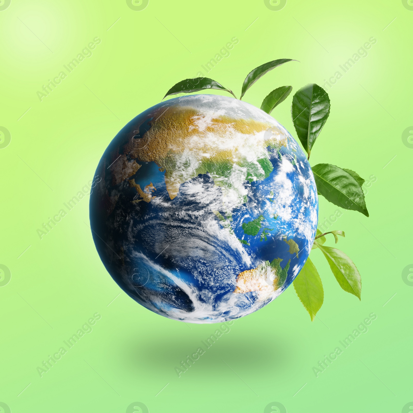 Image of Recycling concept. Earth planet with green leaves on color background