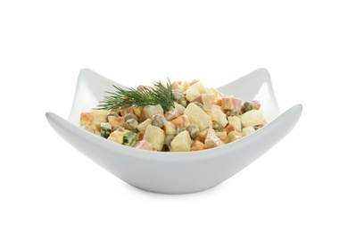 Photo of Delicious russian salad Olivier on white background