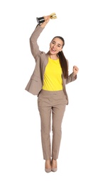 Photo of Full length portrait of excited young businesswoman with gold trophy cup on white background