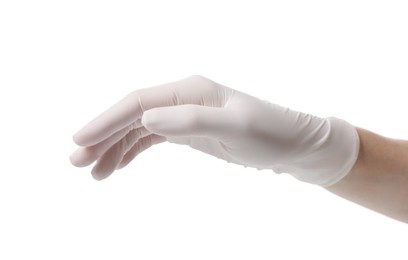 Woman wearing medical glove on white background, closeup