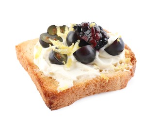 Photo of Tasty sandwich with cream cheese, blueberries, blackberry and lemon zest isolated on white