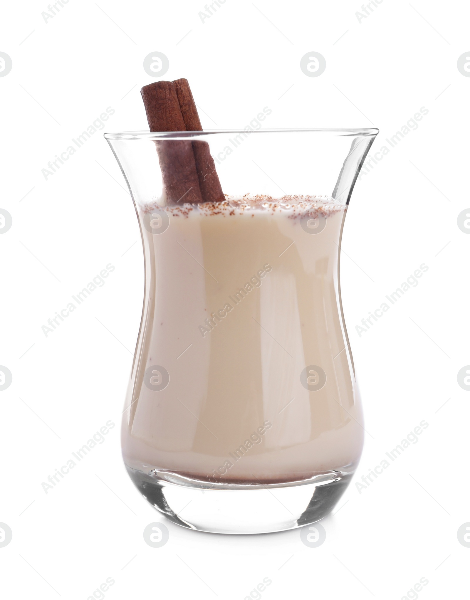 Photo of Delicious Christmas liqueur with cinnamon on white background